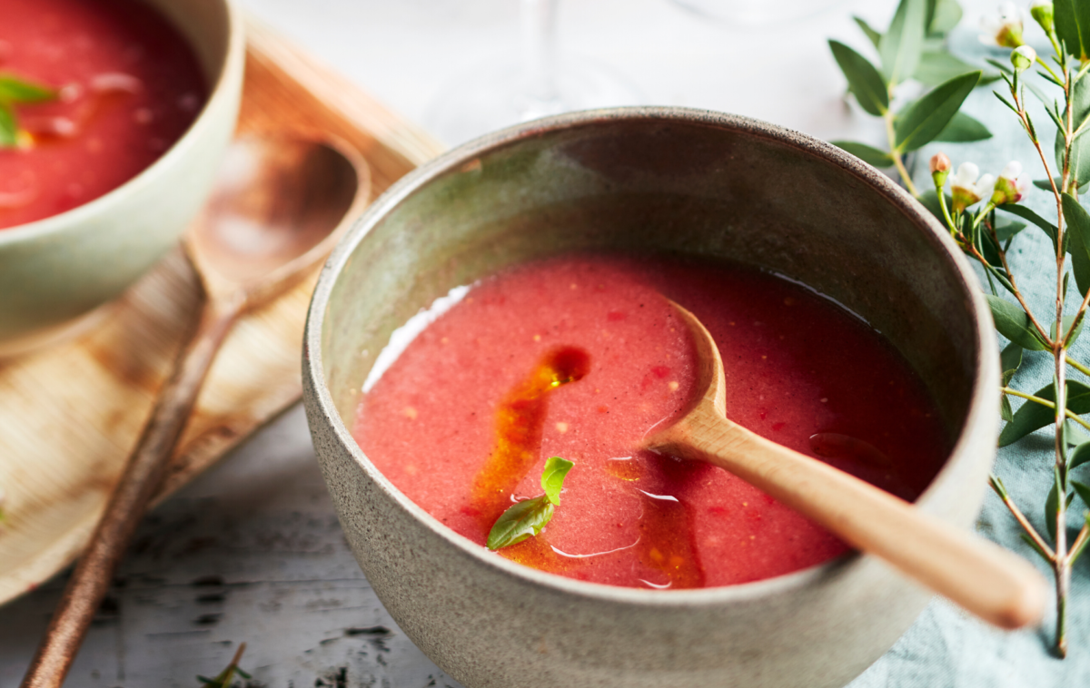 STRAWBERRY AND TOMATO GAZPACHO WITH VANILLA TOMATOES